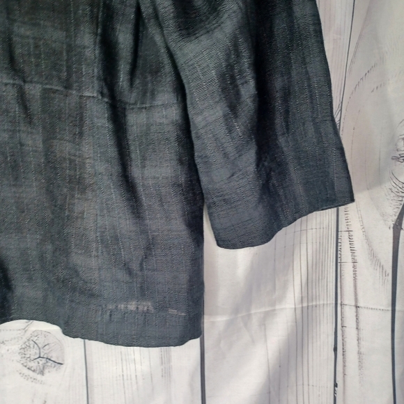 Eileen Fisher 3/4 Sleeve Black Striped Plaid 100% Linen Button-Up Blazer - Picture 11 of 14